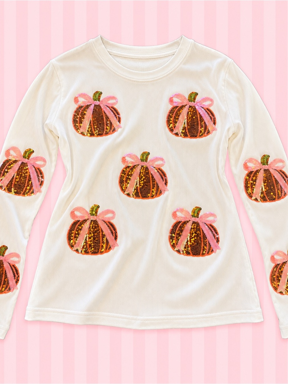 NWOT Sequin Pumpkin Long Sleeve Top 🎃✨ Pink Bow Coquette Fall Shirt Size M
